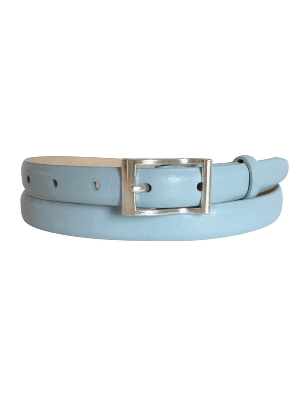 DKNY Light Blue Slim Leather Belt with Square Silver Buckle Women’s Large